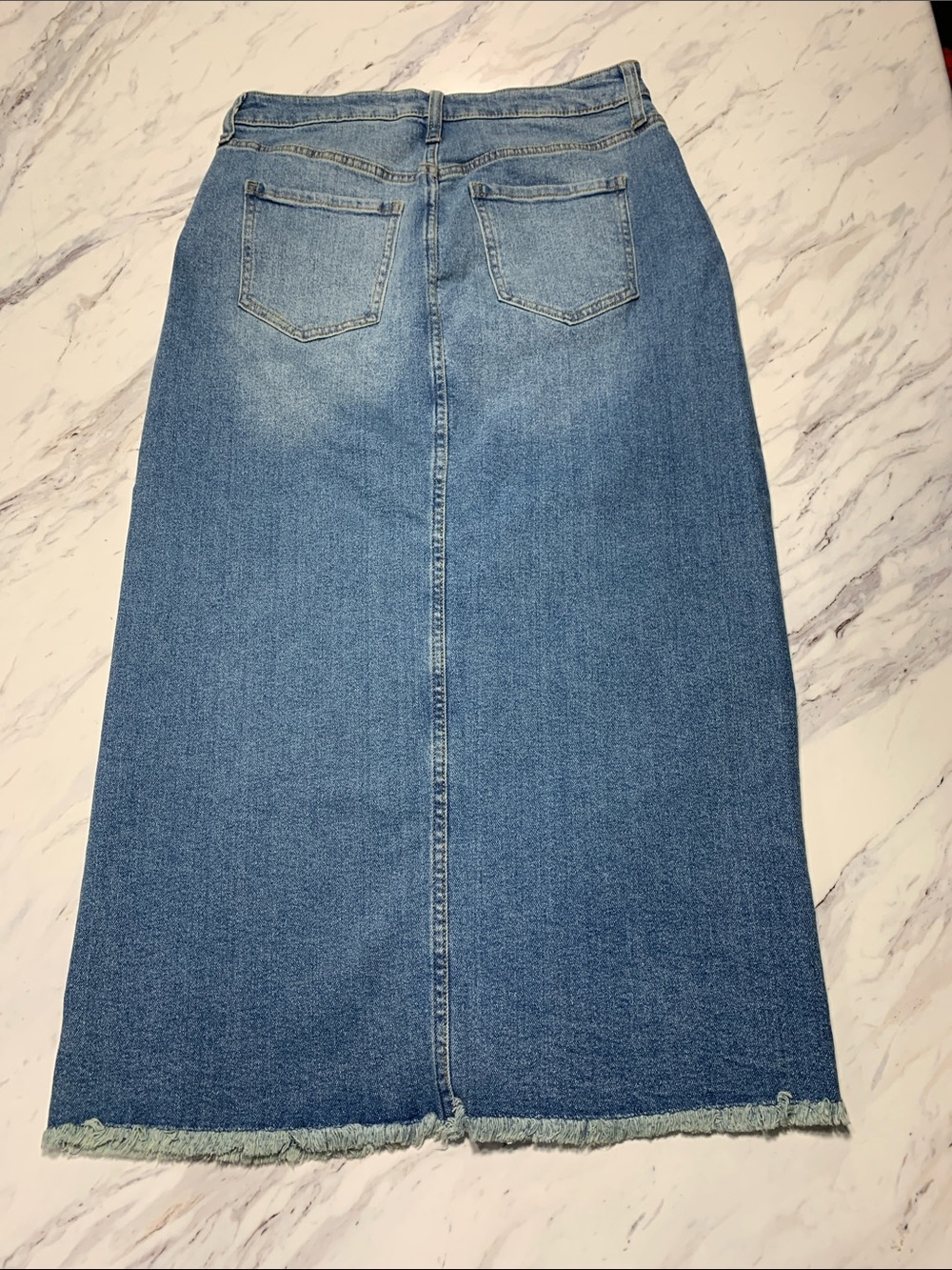 Frayed-Trim Blue Denim Maxi Skirt with Front Slit - Picture 6 of 9